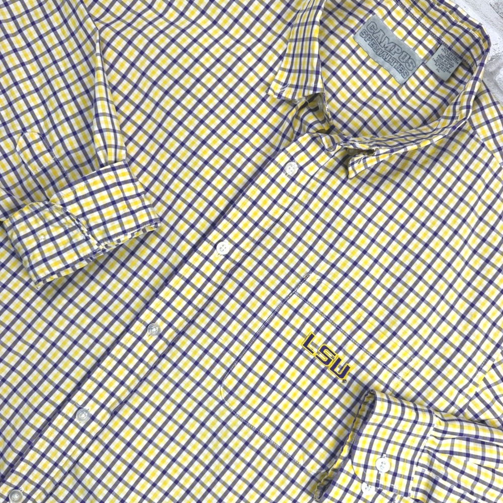 Campus Specialties LSU Button Down Mens XL Purple Gingham Shirt Good Pre-owned